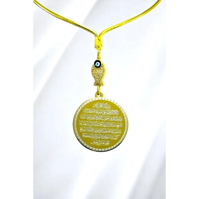 Parlak Taşlı Balık Gold Çelik Çift Taraflı Ayetel Kürsi/ Nazar Ayeti Araba Dikiz Ayna Süsü