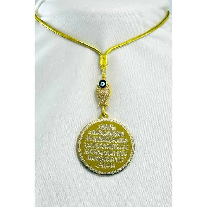 Parlak Taşlı Balık Gold Çelik Çift Taraflı Ayetel Kürsi/ Nazar Ayeti Araba Dikiz Ayna Süsü