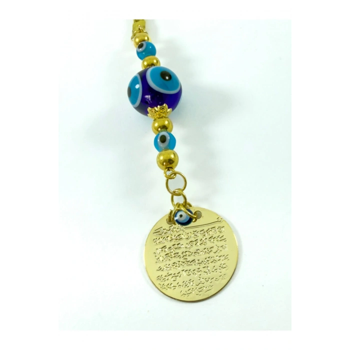 El Yapımı Cam Nazarlı Metal Ayetel Kürsi Araba Dikiz Ayna Süsü, Gold Renkli Yeni Araba Hediyesi