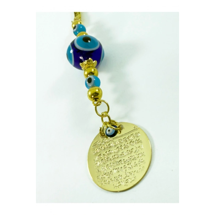 El Yapımı Cam Nazarlı Metal Ayetel Kürsi Araba Dikiz Ayna Süsü, Gold Renkli Yeni Araba Hediyesi