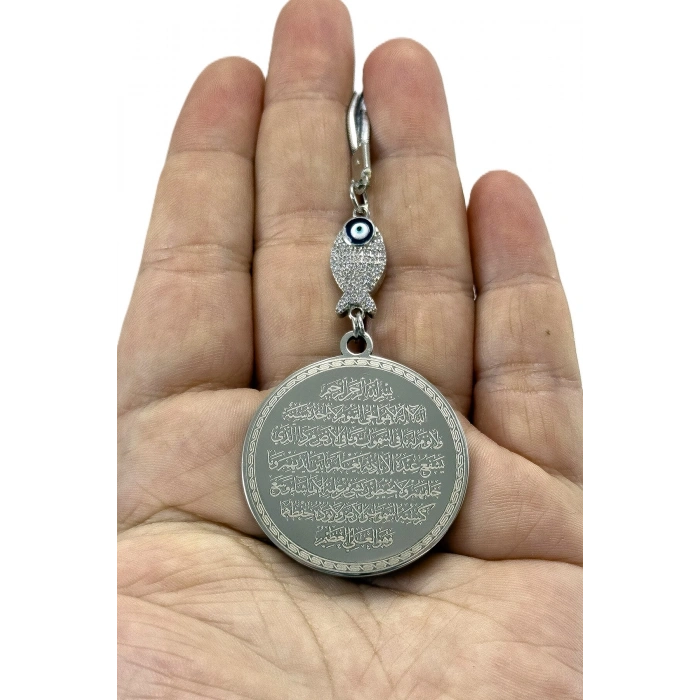 Parlak Taşlı Balık Gümüş Renk Çelik Çift Taraflı Ayetel Kürsi/ Nazar Ayeti Araba Dikiz Ayna Süsü