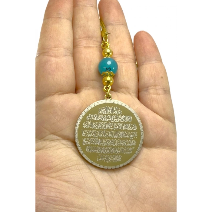 Doğal Taşlı Altın Renkli Çelik Çift Taraflı Ayetel Kürsi, Felak Nas Ihlas Araba Dikiz Ayna Süsü
