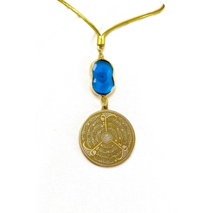 El Yapımı Cam Nazarlı Gold Çelik Çift Taraflı Ayetel Kürsi, Felak Nas Ihlas Araba Dikiz Ayna Süsü