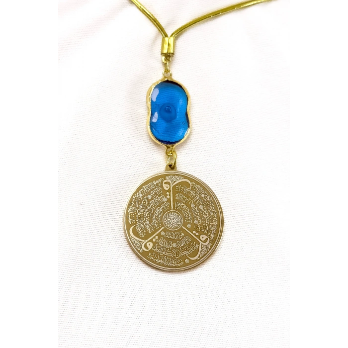 El Yapımı Cam Nazarlı Gold Çelik Çift Taraflı Ayetel Kürsi, Felak Nas Ihlas Araba Dikiz Ayna Süsü