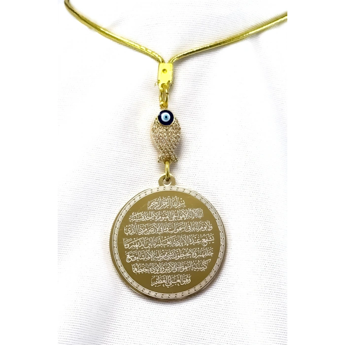 Parlak Taşlı Balık Gold Çelik Çift Taraflı Ayetel Kürsi, Felak Nas Ihlas Araba Dikiz Ayna Süsü