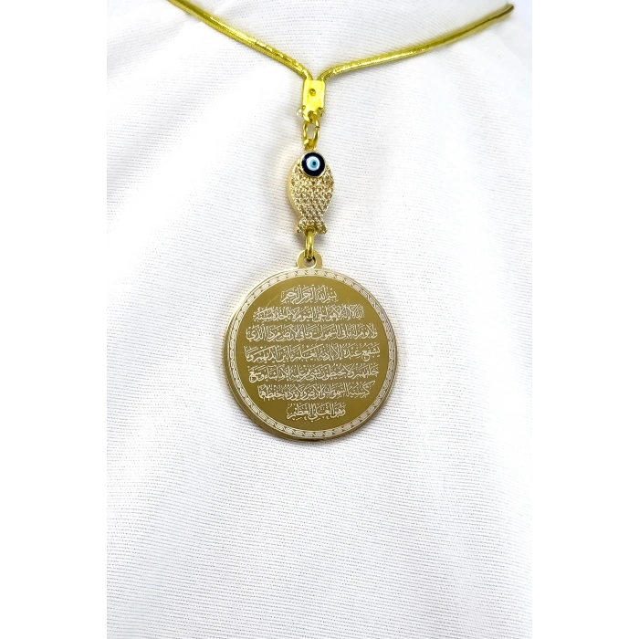 Parlak Taşlı Balık Gold Çelik Çift Taraflı Ayetel Kürsi, Felak Nas Ihlas Araba Dikiz Ayna Süsü