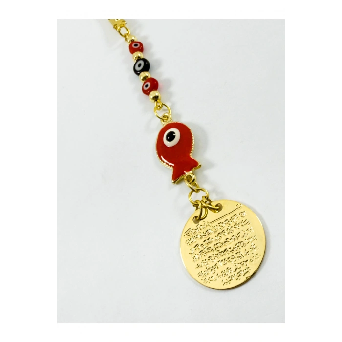 Küçük Nazar Boncuklu Metal Balık Ayetel Kürsi Araba Dikiz Ayna Süsü, Gold Renkli