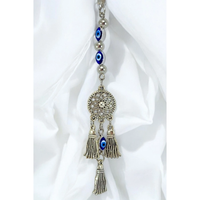 Çerçeveli Elips Nazarlı Metal Lotus Çiçeği Araba Dikiz Ayna Süsü, Püsküllü Yeni Araba Hediyesi