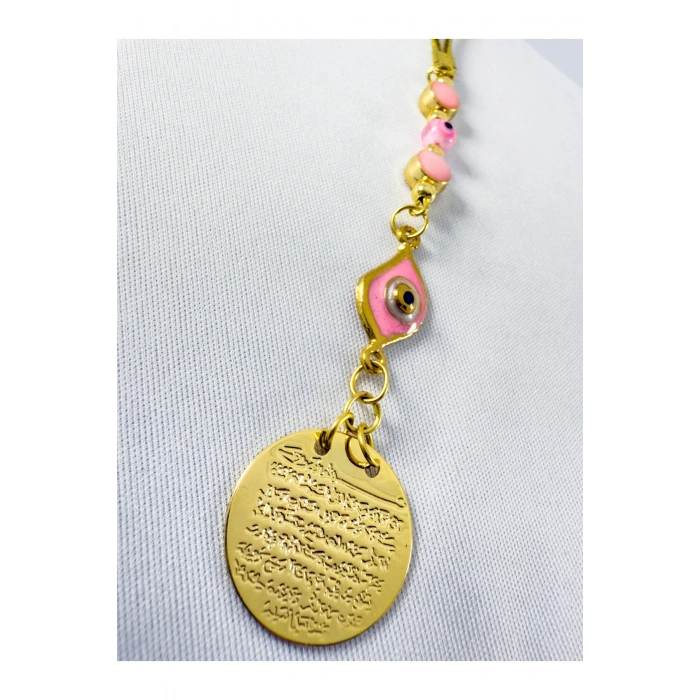 Pembe Metal Göz Nazar Boncuğu Metal Ayetel Kürsi Altın Renkli Araba Dikiz Ayna Süsü
