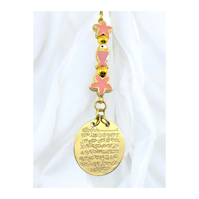 Pembe Lotus Çiçeği Balıklı Metal Ayetel Kürsi Altın Renkli Araba Dikiz Ayna Süsü
