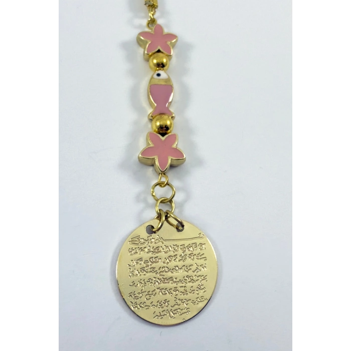 Pembe Lotus Çiçeği Balıklı Metal Ayetel Kürsi Altın Renkli Araba Dikiz Ayna Süsü