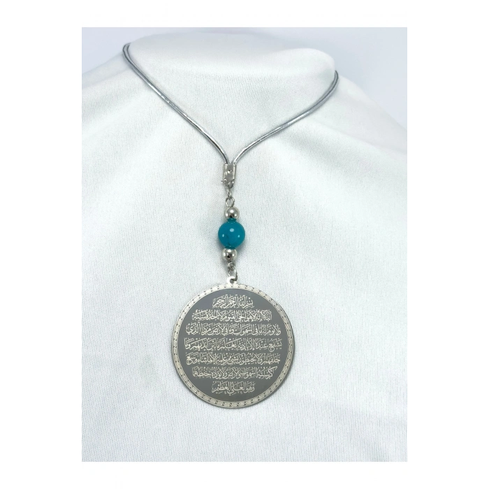 Turkuaz Doğal Taşlı Gümüş Renk Çelik Çift Taraflı Ayetel Kürsi Felak Nas Ihlas Araba Ayna Süsü 4,5cm