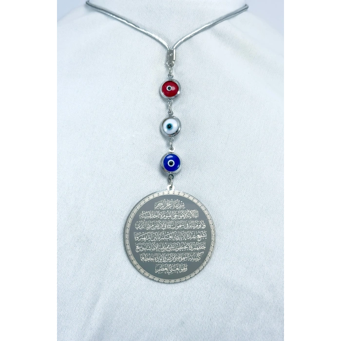 Renkli Nazar Gümüş Renk Çelik Çift Taraflı Ayetel Kürsi Felak Nas Ihlas Araba Ayna Süsü(4,5 CM)