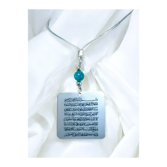 Turkuaz Doğal Taşlı Çift Taraflı Metal Üzerine UV Baskı Ayetel Kürsi Araba Dikiz Ayna Süsü