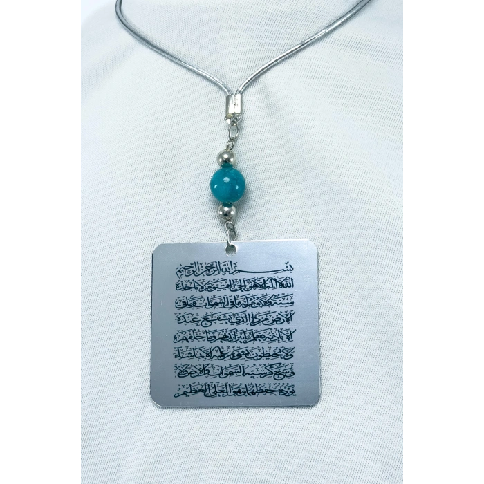 Turkuaz Doğal Taşlı Çift Taraflı Metal Üzerine UV Baskı Ayetel Kürsi Araba Dikiz Ayna Süsü
