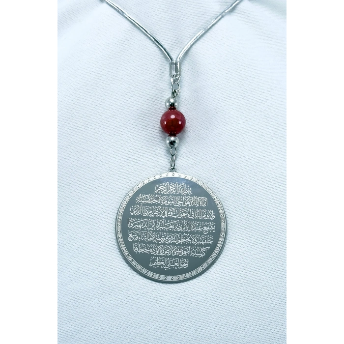 Kırmızı Doğal Akik Taşlı Gümüş Renk Çelik Çift Taraflı Ayetel Kürsi Felak Nas Ihlas Araba Ayna Süsü
