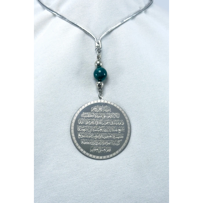 Doğal Akik Taşlı Gümüş Renk Çelik Çift Taraflı Ayetel Kürsi Felak Nas Ihlas Araba Ayna Süsü(4,5 CM)