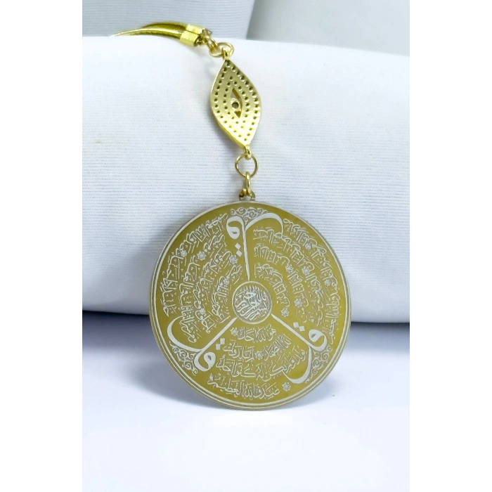 Parlak Zirkon Nazarlı Çelik Çift Taraflı Ayetel Kürsi, Felak Nas Ihlas Dikiz Ayna Süsü 3,5cm