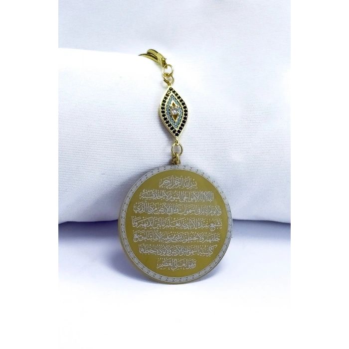 Parlak Zirkon Nazarlı Çelik Çift Taraflı Ayetel Kürsi, Felak Nas Ihlas Dikiz Ayna Süsü 3,5cm