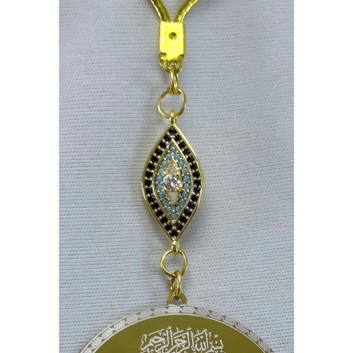 Parlak Zirkon Nazarlı Çelik Çift Taraflı Ayetel Kürsi, Felak Nas Ihlas Dikiz Ayna Süsü 3,5cm