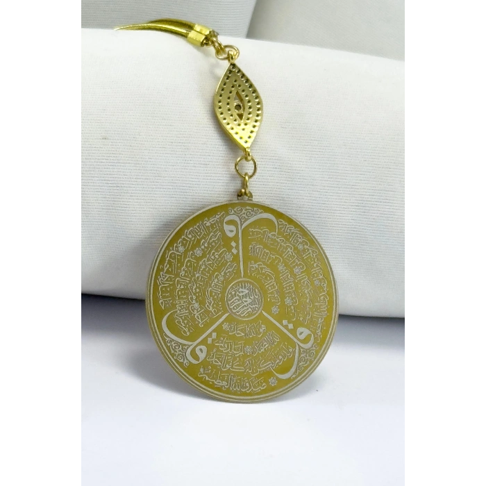 Parlak Zirkon Nazarlı Çelik Çift Taraflı Ayetel Kürsi, Felak Nas Ihlas Dikiz Ayna Süsü 3,5cm