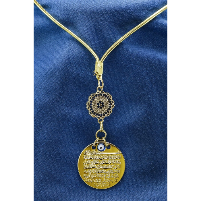 Zirkon Çiçek Nazar Boncuklu Metal Ayetel Kürsi Araba Dikiz Ayna Süsü, Gold Renkli