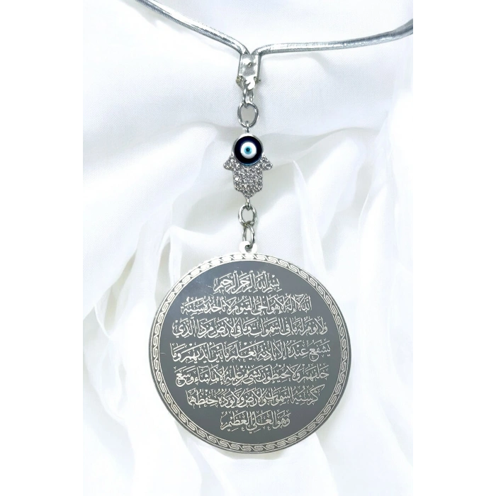 Parlak Taşlı Hamse Çelik Ayetel Kürsi Felak Nas İhlas Çift Yön Araba Dikiz Ayna Süsü 4,5 cm Plaka