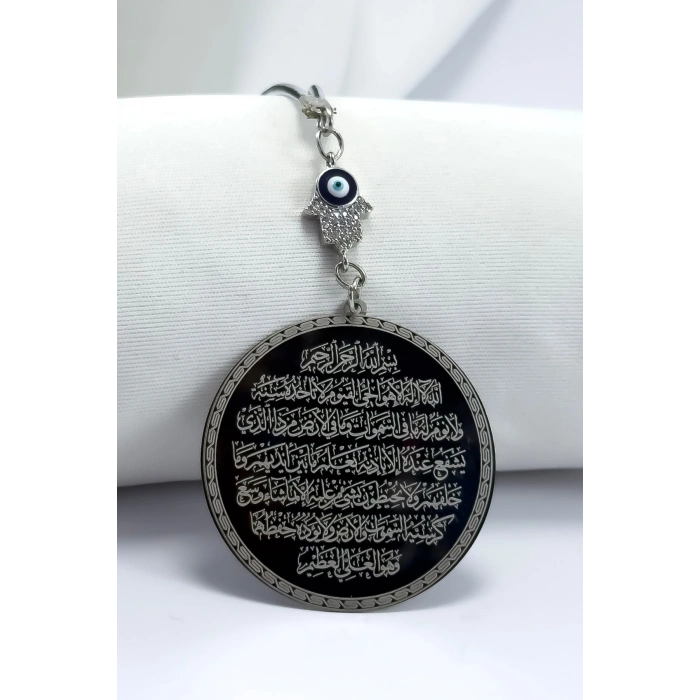 Parlak Taşlı Hamse Çelik Ayetel Kürsi Felak Nas İhlas Çift Yön Araba Dikiz Ayna Süsü 4,5 cm Plaka