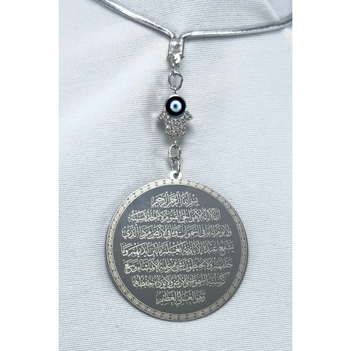 Parlak Taşlı Hamse Çelik Ayetel Kürsi Felak Nas İhlas Çift Yön Araba Dikiz Ayna Süsü 4,5 cm Plaka