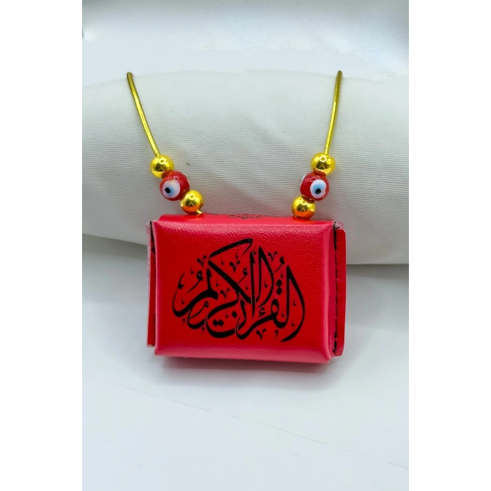 Kırmızı Nazar Boncuklu Deri Çantalı Mini Kuran-ı Kerim Lastikli Araba Dikiz Ayna Süsü