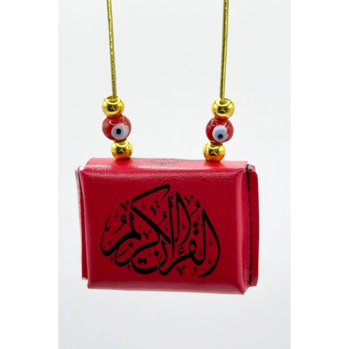 Kırmızı Nazar Boncuklu Deri Çantalı Mini Kuran-ı Kerim Lastikli Araba Dikiz Ayna Süsü