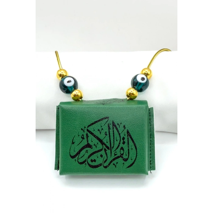 Cam Zümrüt Yeşili Nazarlı Deri Çantalı Mini Kuran-ı Kerim Lastikli Araba Dikiz Ayna Süsü