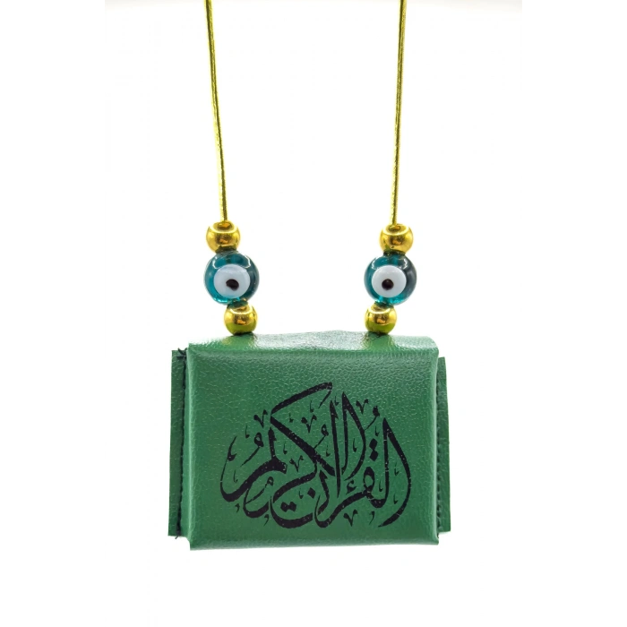 Cam Zümrüt Yeşili Nazarlı Deri Çantalı Mini Kuran-ı Kerim Lastikli Araba Dikiz Ayna Süsü