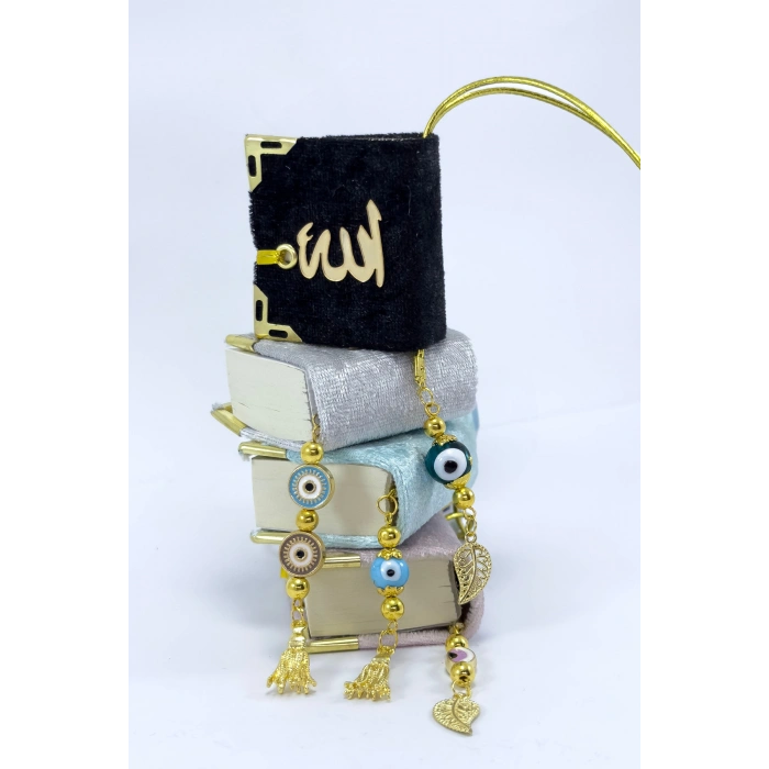 El Yapımı Cam Nazar Boncuklu Siyah Kadife Mini Kur an-ı Kerim Araba Dikiz Ayna Süsü
