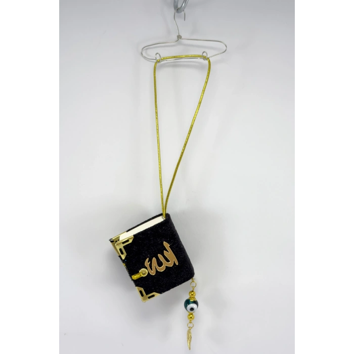 El Yapımı Cam Nazar Boncuklu Siyah Kadife Mini Kur an-ı Kerim Araba Dikiz Ayna Süsü