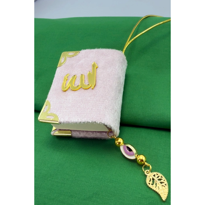 El Yapımı Cam Nazar Boncuklu Toz Pembe Kadife Mini Kur an-ı Kerim Araba Dikiz Ayna Süsü