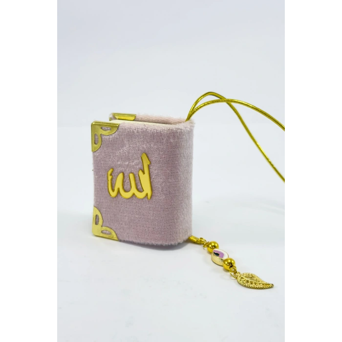 El Yapımı Cam Nazar Boncuklu Toz Pembe Kadife Mini Kur an-ı Kerim Araba Dikiz Ayna Süsü