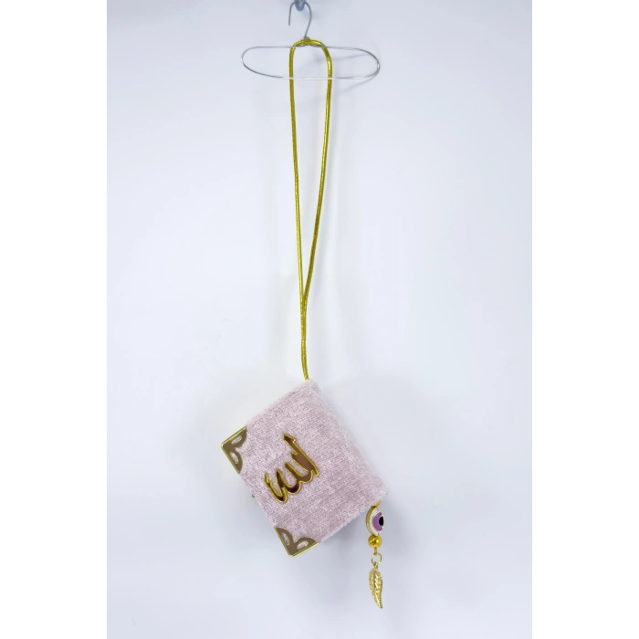 El Yapımı Cam Nazar Boncuklu Toz Pembe Kadife Mini Kur an-ı Kerim Araba Dikiz Ayna Süsü