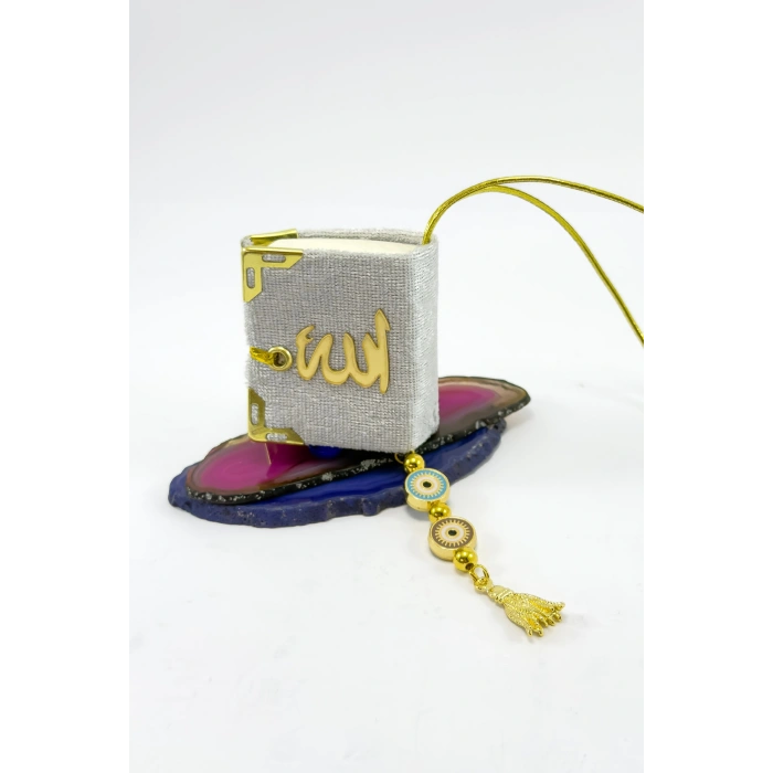 El Yapımı Cam Nazar Boncuklu Gümüş Renk Kadife Mini Kur an-ı Kerim Araba Dikiz Ayna Süsü