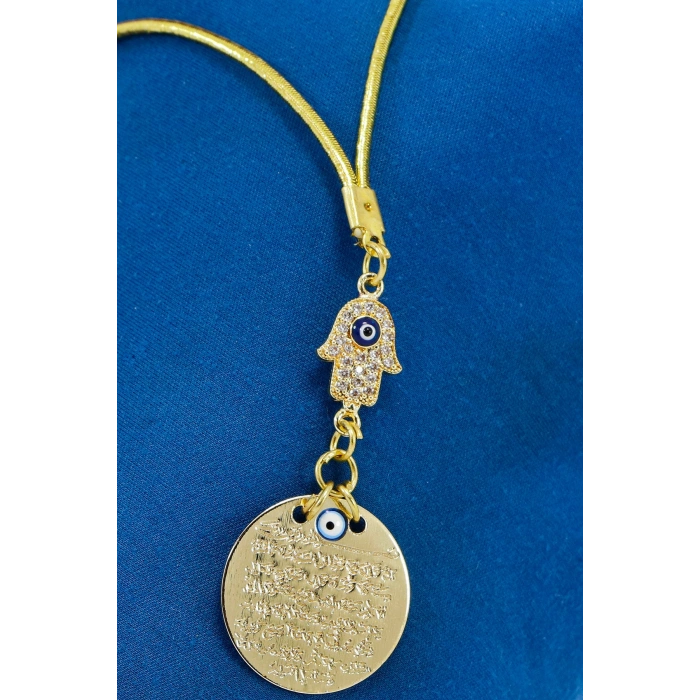 Küçük Parlak Taşlı Nazarlı Hamse Metal Ayetel Kürsi Araba Dikiz Ayna Süsü, Gold Renkli