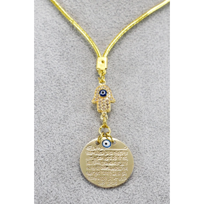 Küçük Parlak Taşlı Nazarlı Hamse Metal Ayetel Kürsi Araba Dikiz Ayna Süsü, Gold Renkli