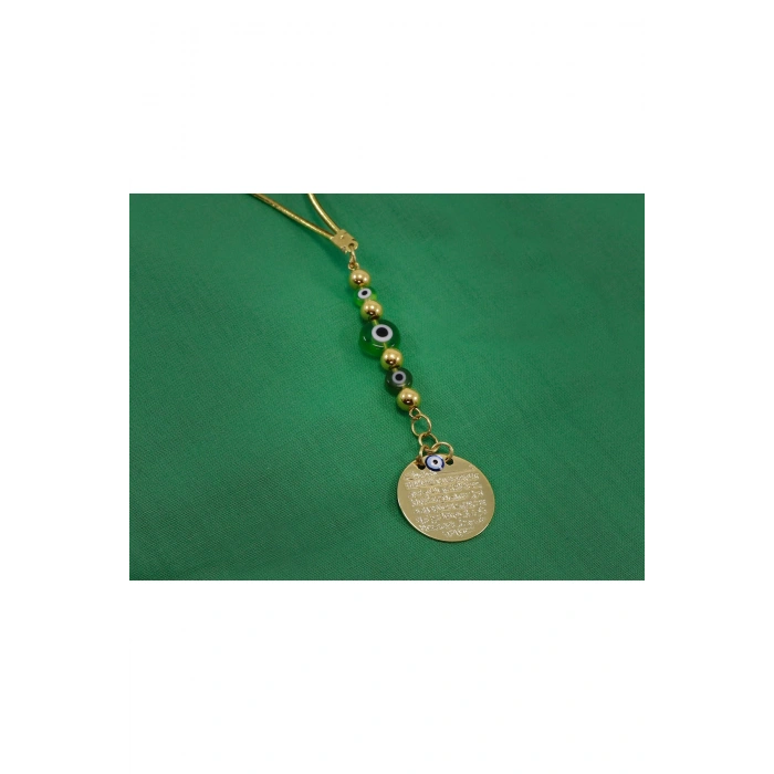 Küçük El Yapımı Cam Nazar Boncuğu Metal Ayetel Kürsi Araba Dikiz Ayna Süsü, Gold Renkli