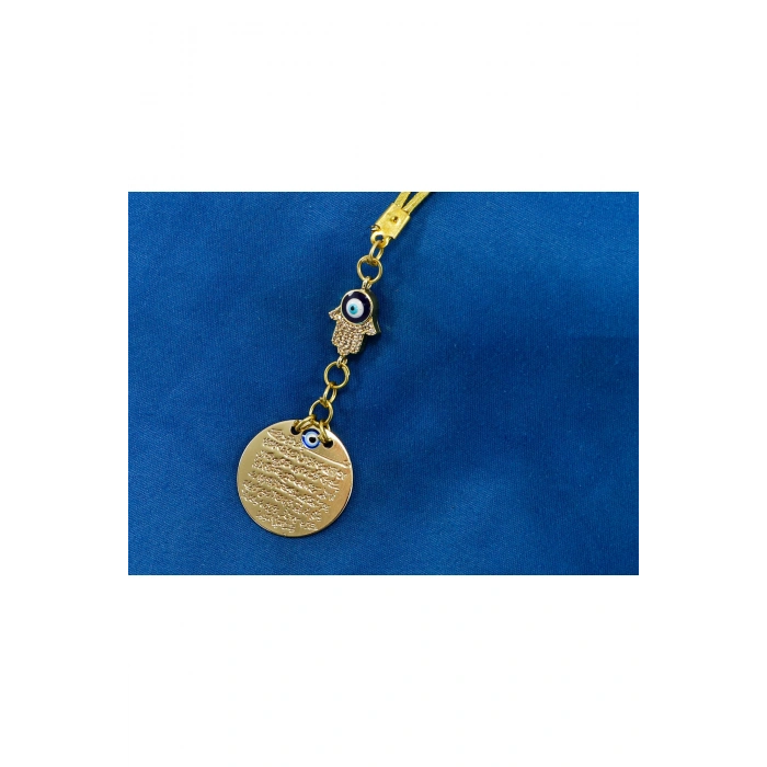 Nazar Boncuklu Hamse Eli Metal Ayetel Kürsi Araba Dikiz Ayna Süsü, Gold Renkli