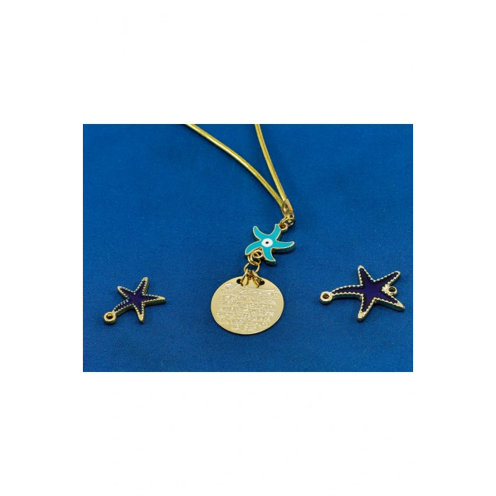 Mavi Deniz Yıldızı Metal Ayetel Kürsi Araba Dikiz Ayna Süsü, Gold Renkli