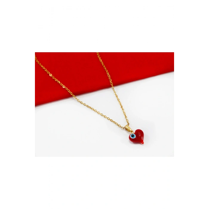 Minimal Kırmızı Cam Nazar Boncuklu Kalpli Kolye, Hediyelik Kalpli Kolye (60 cm)