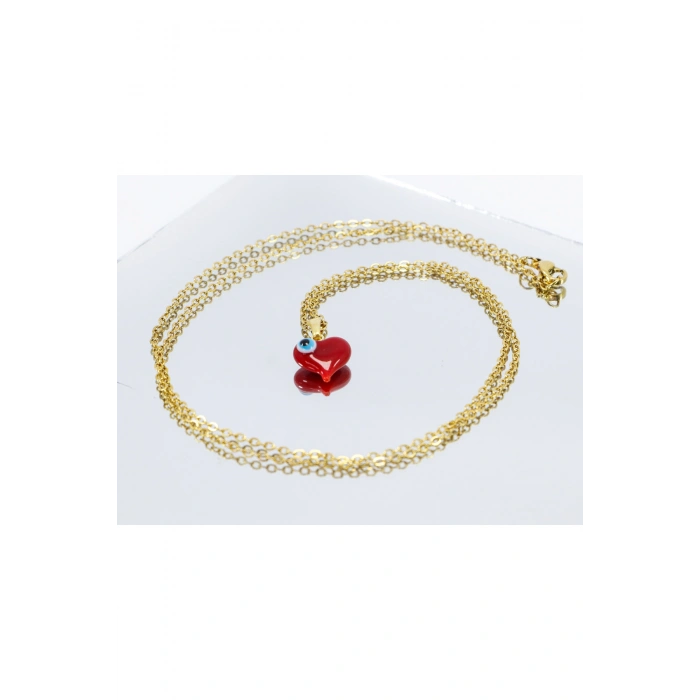 Minimal Kırmızı Cam Nazar Boncuklu Kalpli Kolye, Hediyelik Kalpli Kolye (60 cm)
