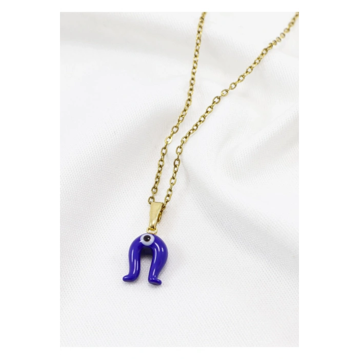 Minimal Lacivert Nazarlı Murano Nal Kolye, Hediyelik Kolye (60 cm)