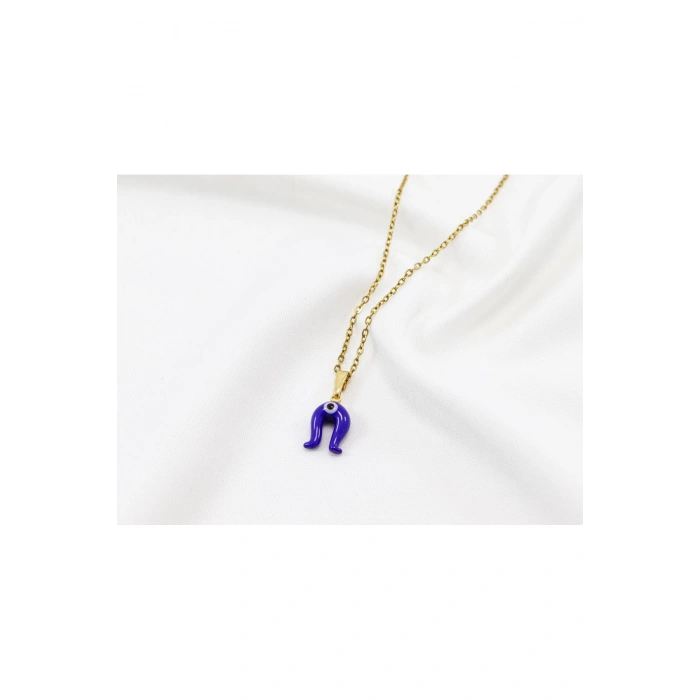 Minimal Lacivert Nazarlı Murano Nal Kolye, Hediyelik Kolye (60 cm)