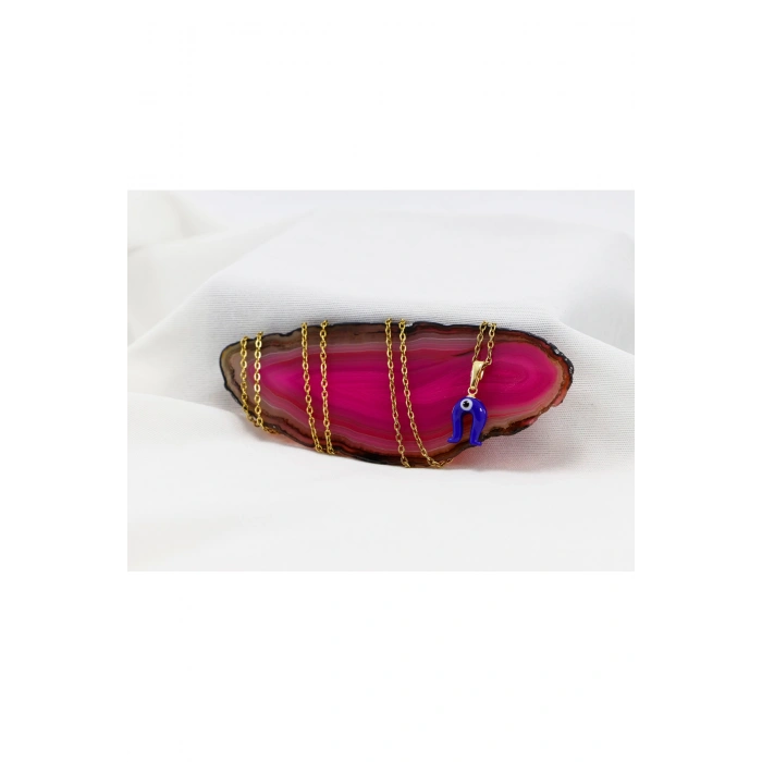 Minimal Lacivert Nazarlı Murano Nal Kolye, Hediyelik Kolye (60 cm)