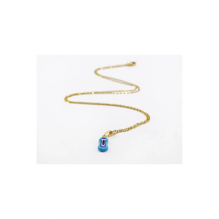 Minimal Mavi Elips Cam Nazar Boncuklu Kolye, Hediyelik Kolye (60 cm)
